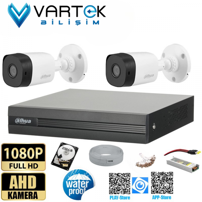 2 Kameralı 250GB Harddiskli 30m Gece Görüşlü Full HD Güvenlik Kamera Seti