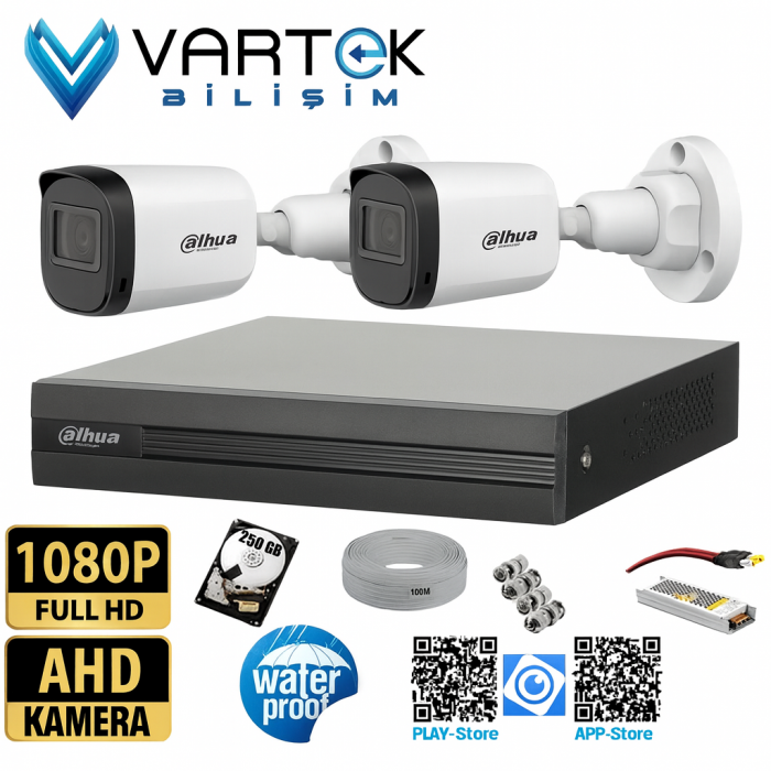 2 Kameralı Full HD 1080P AHD Kayıt Seti  250GB Hard Disk İç Dış Mekan Uyumlu