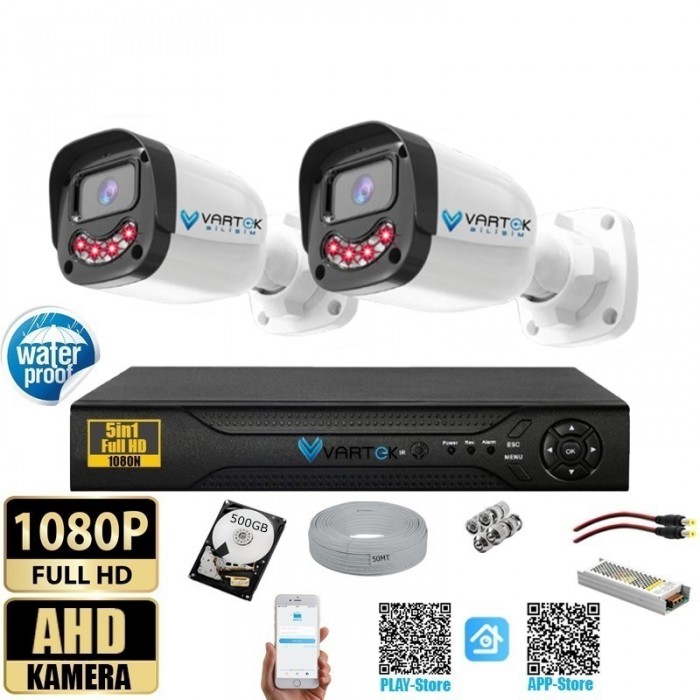 2 Kameralı Gülen Yüz Gece Görüşlü 500GB HDD 5MP Ahd Güvenlik Kamerası seti
