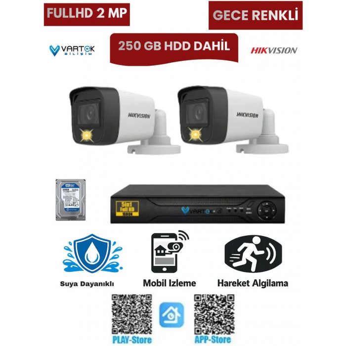 2 Kameralı Güvenlik Kamera Seti 2mp 1080P Gece Renkli Tak Çalıştır Hazır Sistem + 250 GB HDD