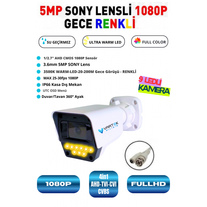 9 LED li Gece Görüşlü Full HD Güvenlik Kamerası Tek Adet  üst düzey aydınlık Yüksek kaliteli led teknolojili kamera