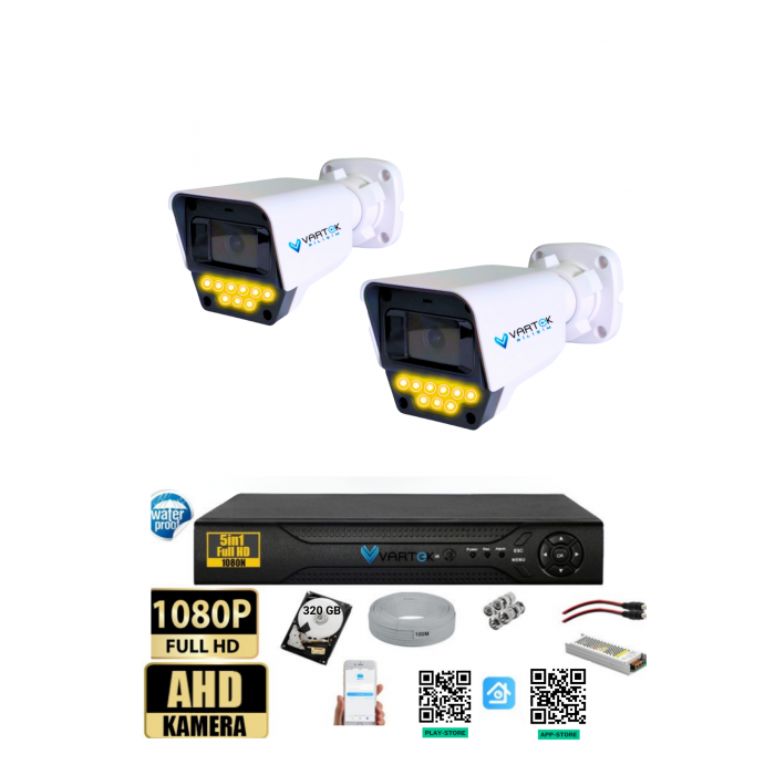 2 Kameralı Set - 250 GB HDD, 9 LED Gece Görüşlü Full HD Güvenlik Kamerası Sistemi