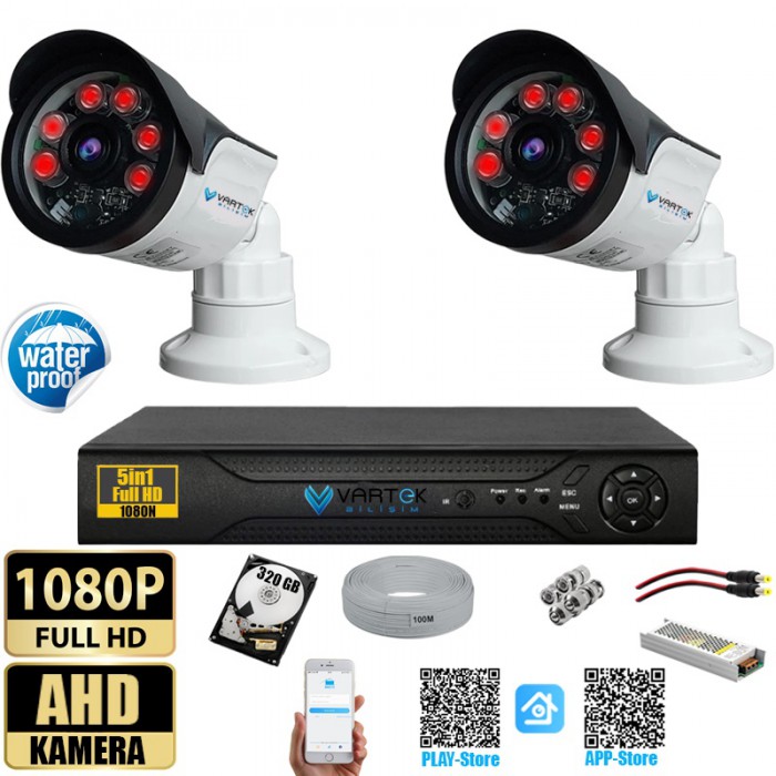 2 Kameralı Set 320 Gb Hdd Full Hd Gece Görüşlü Güvenlik Kamerası Sistemi-Sabit İp Gerektirmez-