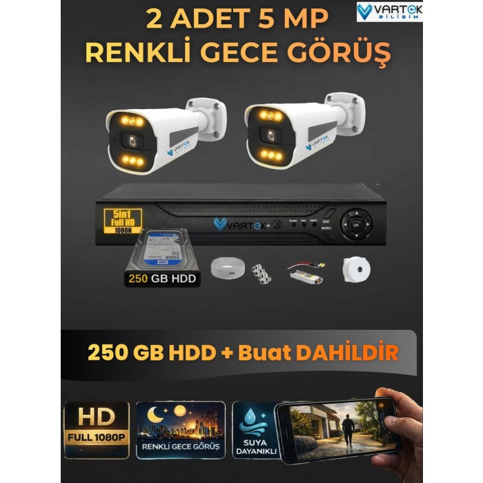2 Kameralı Zebra Kasa Gece Renkli 250GB HDD 5MP Ahd Güvenlik Kamerası seti