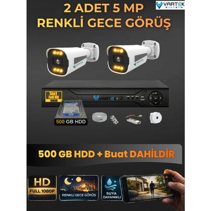 2 Kameralı Zebra Kasa Gece Renkli 500GB HDD 5MP Ahd Güvenlik Kamerası seti