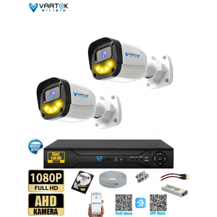 2`lı 5MP Full HD 1080P Atom ledli 500GB HDD Güvenlik Kamera Seti Gece Renkli Tak Çalıştır İp gerektirmez