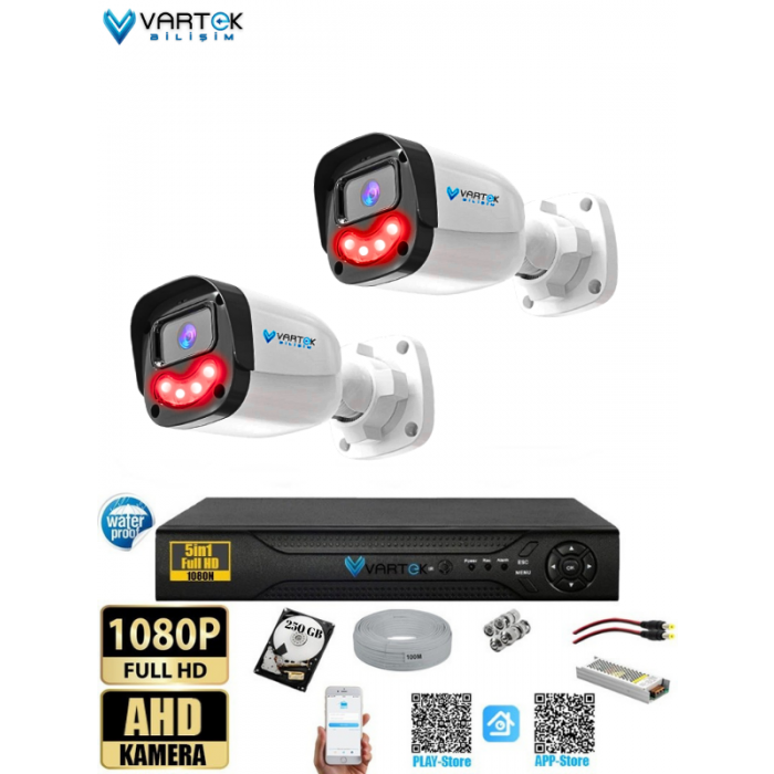 2’lİ 5MP Full HD  1080P Atom Ledli 250GB HDD Güvenlik Kamera Seti Gece Görüşlü Tak Çalıştır İp gerektirmez