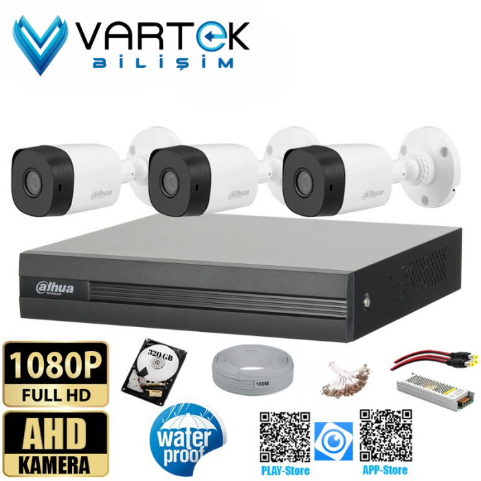 3 Kameralı 320 GB Harddiskli 30m Gece Görüşlü Full HD Güvenlik Kamera Seti