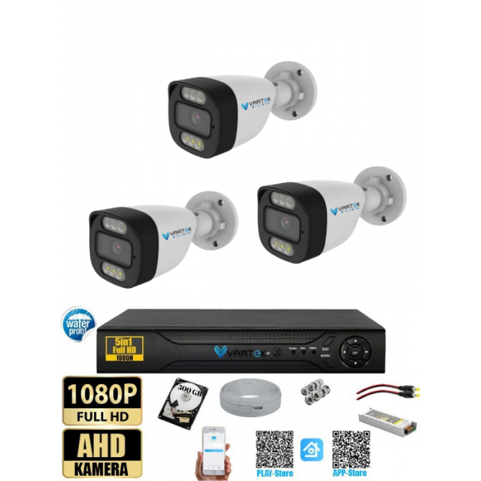 3 Kameralı 500GB HDD Güvenlik Kamera Seti 5MP 1080p Full HD Tam Renkli Gece Görüş DVR Kayıt Cihazlı Tak Çalıştır Sistem