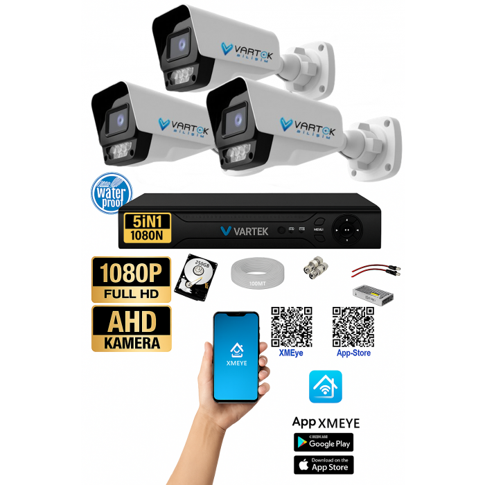 3 Kameralı 9 Atom Led Gece Renkli 250GB HDD 5MP Ahd Güvenlik Kamerası seti