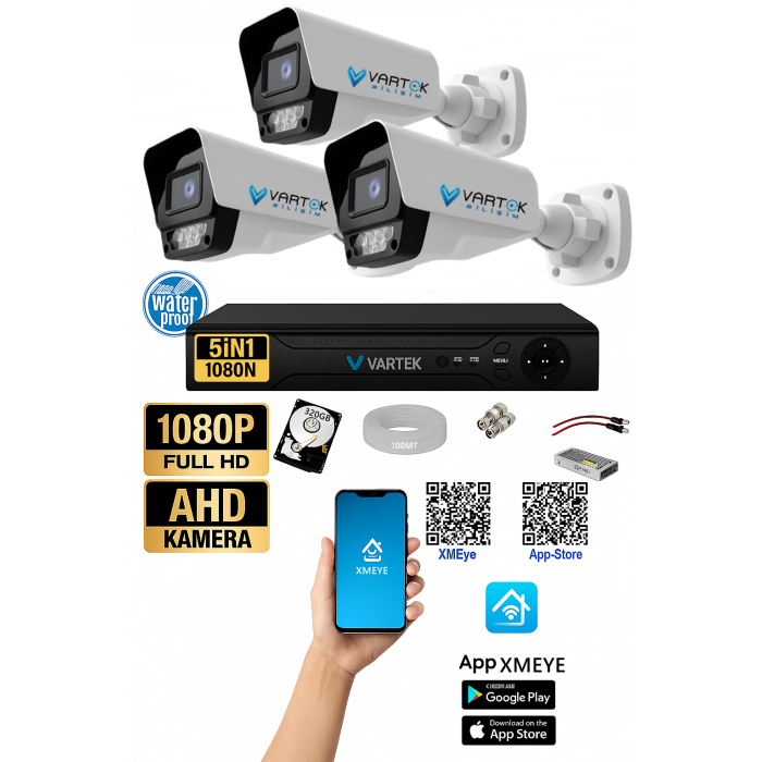 3 Kameralı 9 Atom Led Gece Renkli 320GB HDD 5MP Ahd Güvenlik Kamerası seti