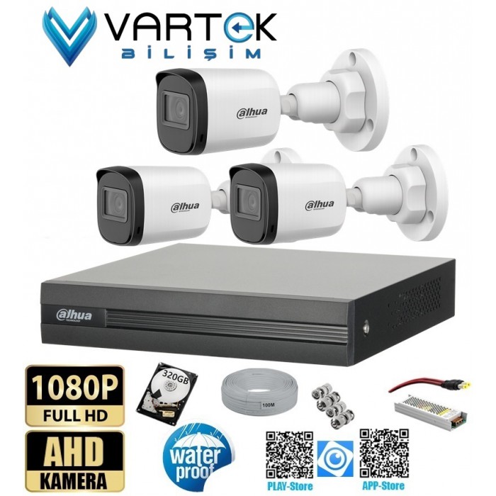 3 Kameralı Full HD 1080P AHD Kayıt Seti 320GB Hard Disk İç Dış Mekan Uyumlu