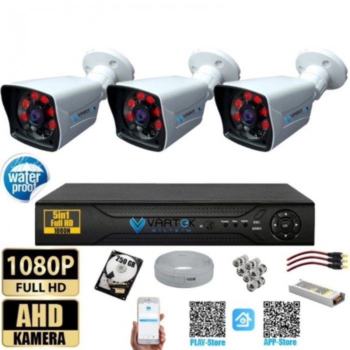 3 Kameralı Gece Görüşlü 250GB HDD 5MP Ahd Güvenlik Kamerası seti