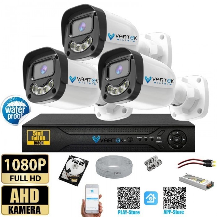 3 Kameralı Gülen Yüz Gece Renkli 250GB HDD 5MP Ahd Güvenlik Kamerası seti
