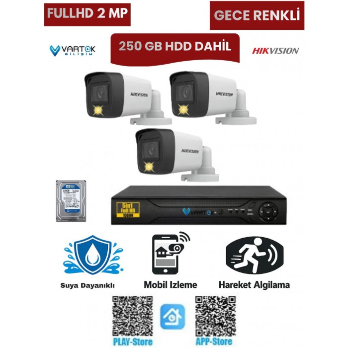 3 Kameralı Güvenlik Kamera Seti 2mp 1080P Gece Renkli Tak Çalıştır Hazır Sistem + 250 GB HDD