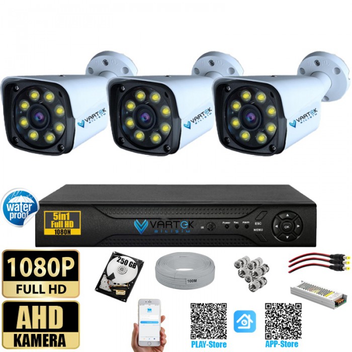 3 Kameralı Metal Kasa Gece Renkli 250GB HDD 5MP Ahd Güvenlik Kamerası seti