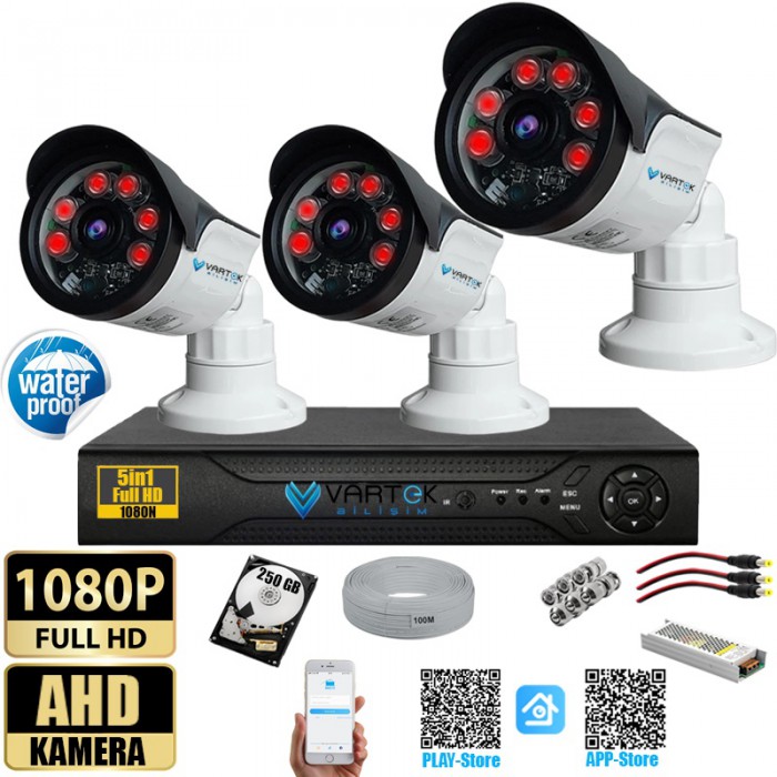 3 Kameralı Set 250Gb Hdd Full Hd Gece Görüşlü Güvenlik Kamerası Sistemi-Sabit İp Gerektirmez-