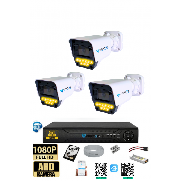 3 Kameralı Set - 320 GB HDD, 9 LED Gece Görüşlü Full HD Güvenlik Kamerası Sistemi