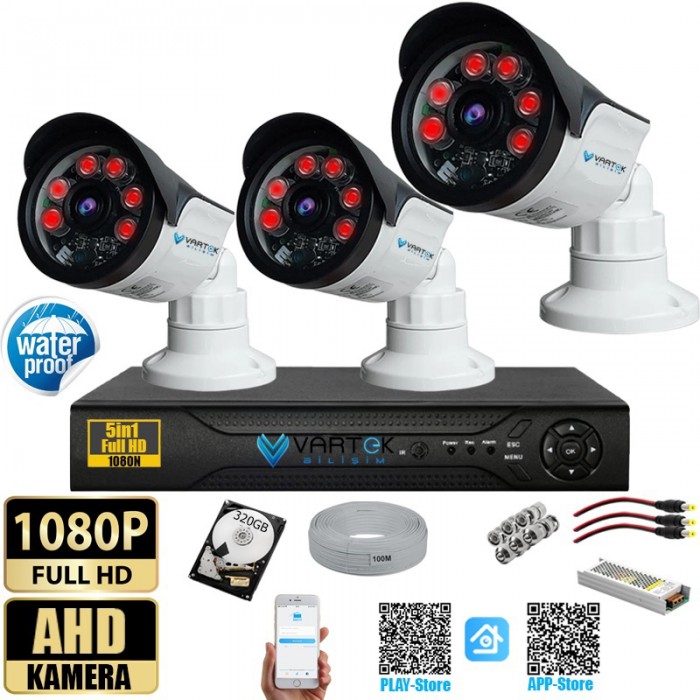 3 Kameralı Set 320 Gb Hdd Full Hd Gece Görüşlü Güvenlik Kamerası Sistemi-Sabit İp Gerektirmez-