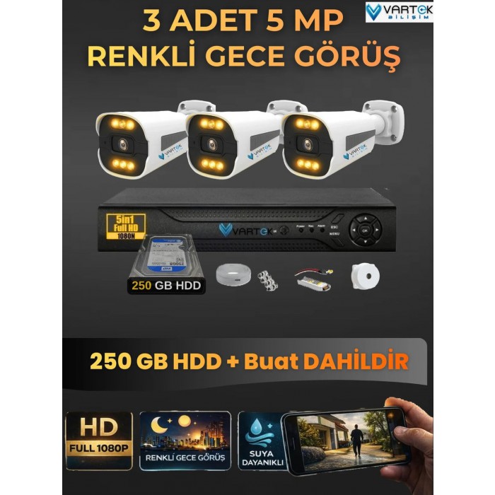 3 Kameralı Zebra Kasa Gece Renkli 250GB HDD 5MP Ahd Güvenlik Kamerası seti