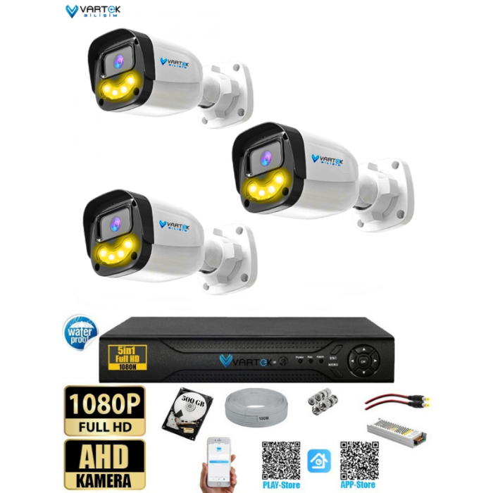 3`lü 5MP Full HD 1080P Atom ledli 500GB HDD Güvenlik Kamera Seti Gece Renkli Tak Çalıştır İp gerektirmez