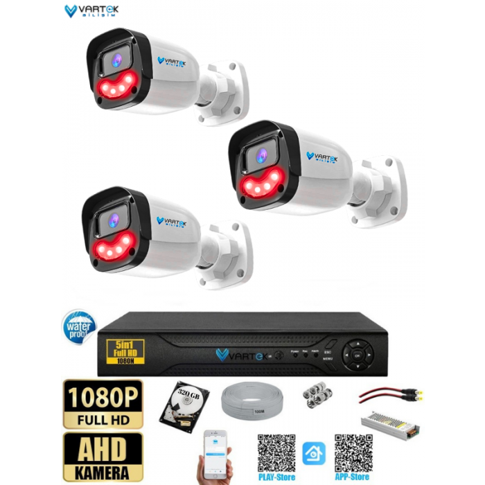 3’lü 5MP Full HD  1080P Atom Ledli 320GB HDD Güvenlik Kamera Seti Gece Görüşlü Tak Çalıştır İp gerektirmez