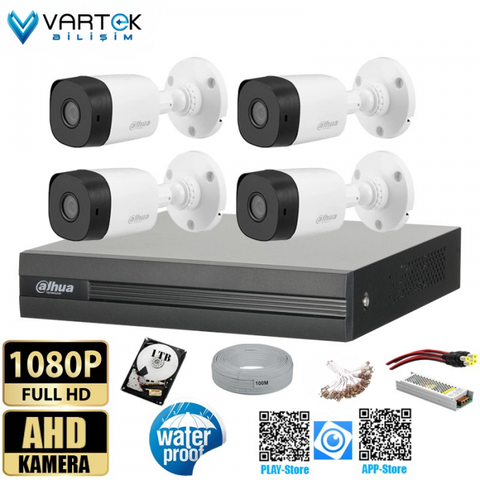 4 Kameralı 1 TB Harddiskli 30m Gece Görüşlü Full HD Güvenlik Kamera Seti