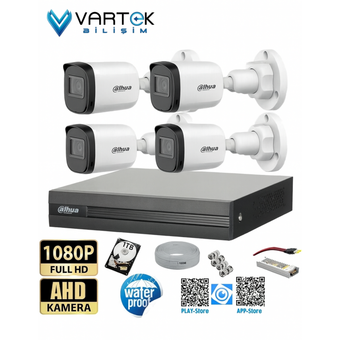 4 Kameralı Full HD 1080P AHD Kayıt Seti 1000GB Hard Disk İç Dış Mekan Uyumlu