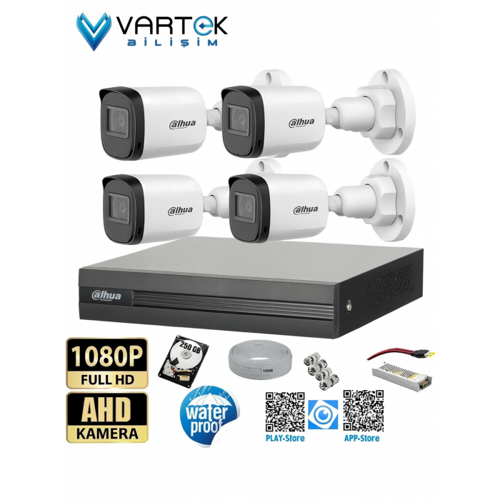 4 Kameralı Full HD 1080P AHD Kayıt Seti 250GB Hard Disk İç Dış Mekan Uyumlu