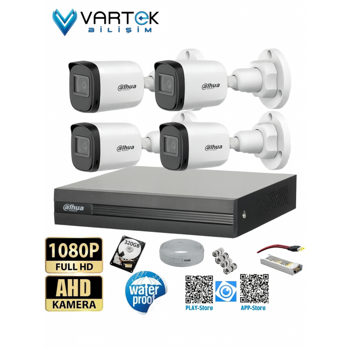 4 Kameralı Full HD 1080P AHD Kayıt Seti 320GB Hard Disk İç Dış Mekan Uyumlu