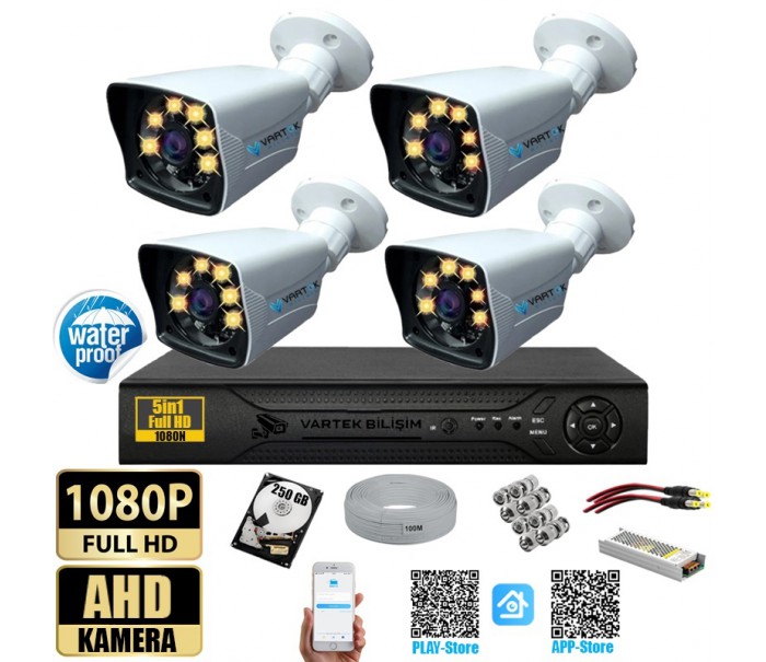 4 Kameralı-Gece Renkli 5MP Lensli 1080P FULLHD Kamera Seti - Su Gecirmez- Sabit İP Gerektirmez