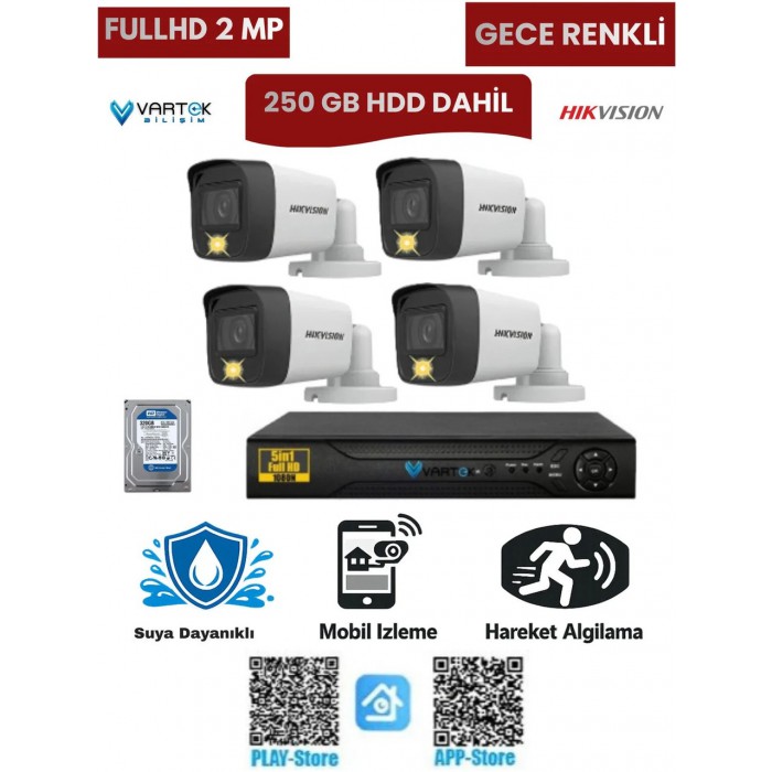 4 Kameralı Güvenlik Kamera Seti 2mp 1080P Gece Renkli Tak Çalıştır Hazır Sistem + 250 GB HDD