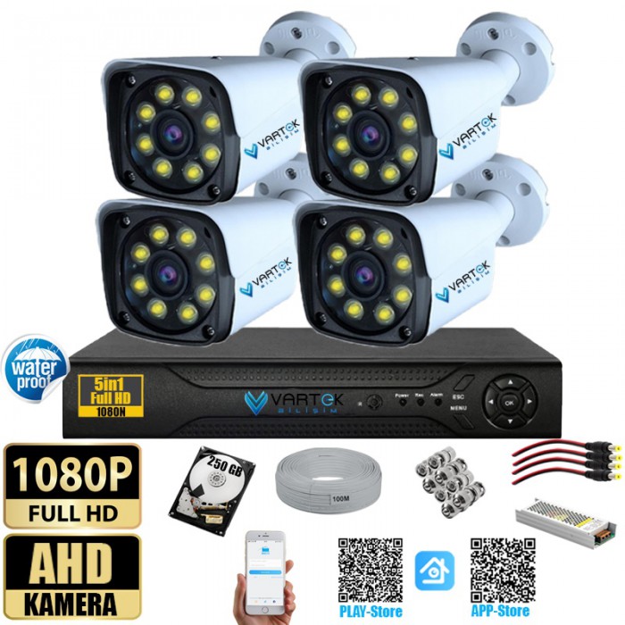 4 Kameralı Metal Kasa Gece Renkli 250GB HDD 5MP Ahd Güvenlik Kamerası seti