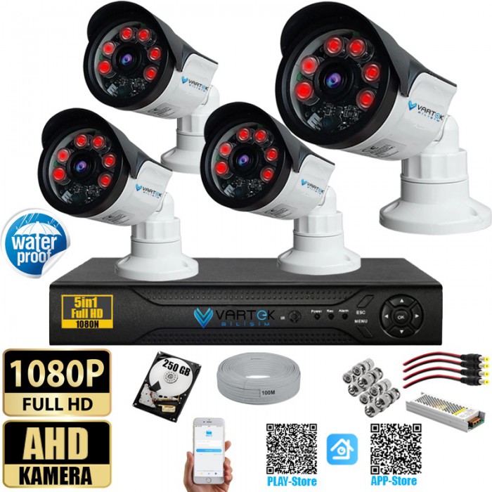 4 Kameralı Set 250 Gb Hdd Full Hd Gece Görüşlü Güvenlik Kamerası Sistemi-Sabit İp Gerektirmez-