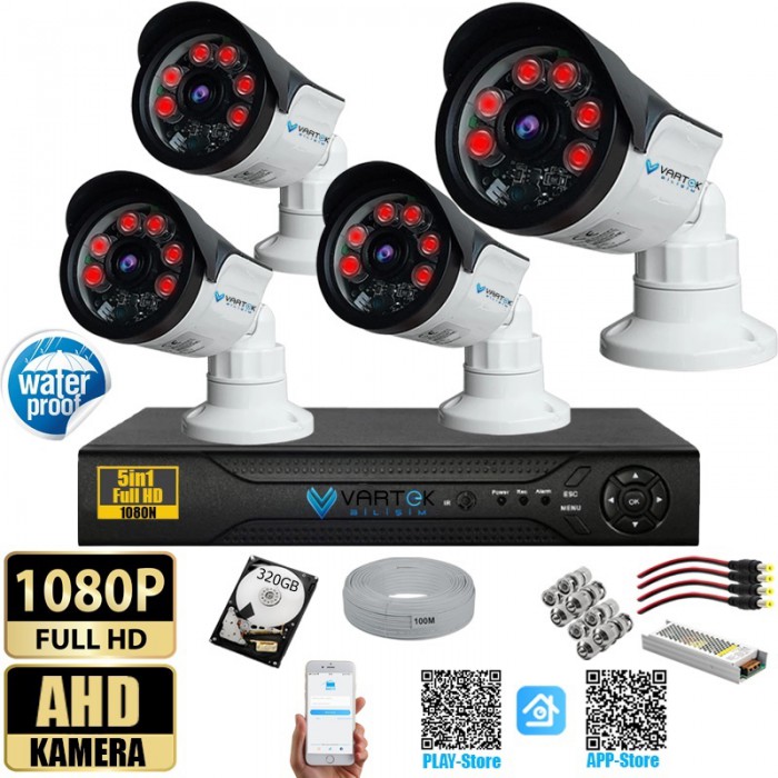 4 Kameralı Set 320 Gb Hdd Full Hd Gece Görüşlü Güvenlik Kamerası Sistemi-Sabit İp Gerektirmez-