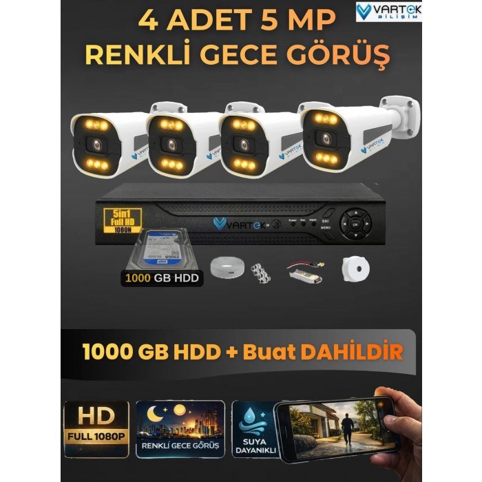 4 Kameralı Zebra Kasa Gece Renkli 1000GB HDD 5MP Ahd Güvenlik Kamerası seti