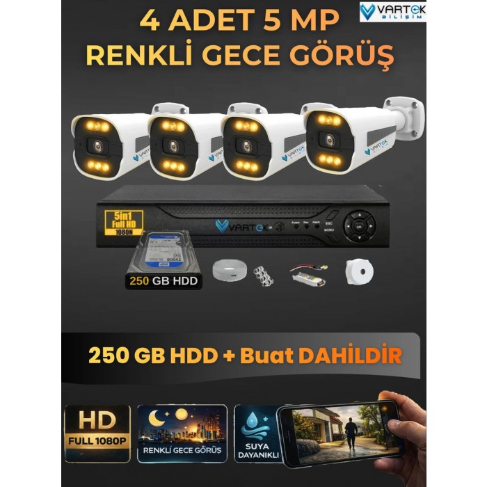 4 Kameralı Zebra Kasa Gece Renkli 250GB HDD 5MP Ahd Güvenlik Kamerası seti