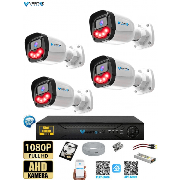 4’lü 5MP Full HD 1080P Atom ledli 250GB HDD Güvenlik Kamera Seti Gece Görüşlü Tak Çalıştır İp gerektirmez