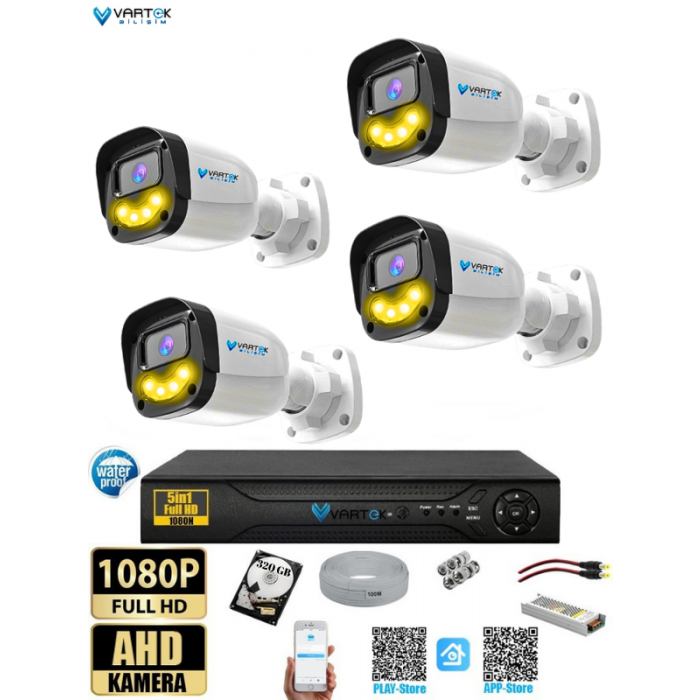 4`lü 5MP Full HD 1080P Atom ledli 320GB HDD Güvenlik Kamera Seti Gece Renkli Tak Çalıştır İp gerektirmez