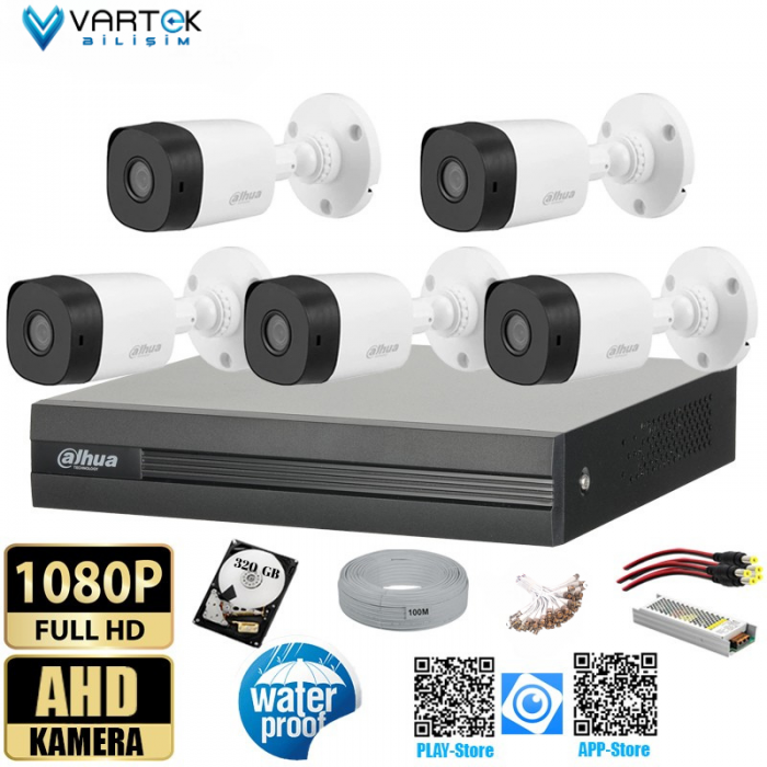5 Kameralı 320 GB Harddiskli 30m Gece Görüşlü Full HD Güvenlik Kamera Seti