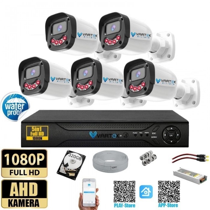 5 Kameralı 9 Atom Led Gece Görüşlü 320GB HDD 5MP Ahd Güvenlik Kamerası seti