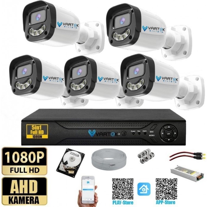 5 Kameralı Gülen Yüz Gece Renkli 320GB HDD 5MP Ahd Güvenlik Kamerası seti