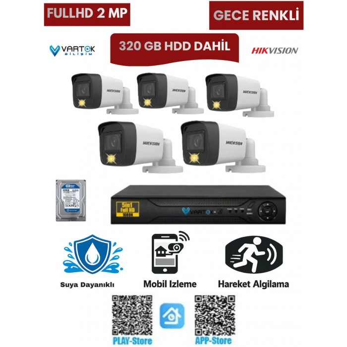 5 Kameralı Güvenlik Kamera Seti 2mp 1080P Gece Renkli Tak Çalıştır Hazır Sistem + 320 GB HDD