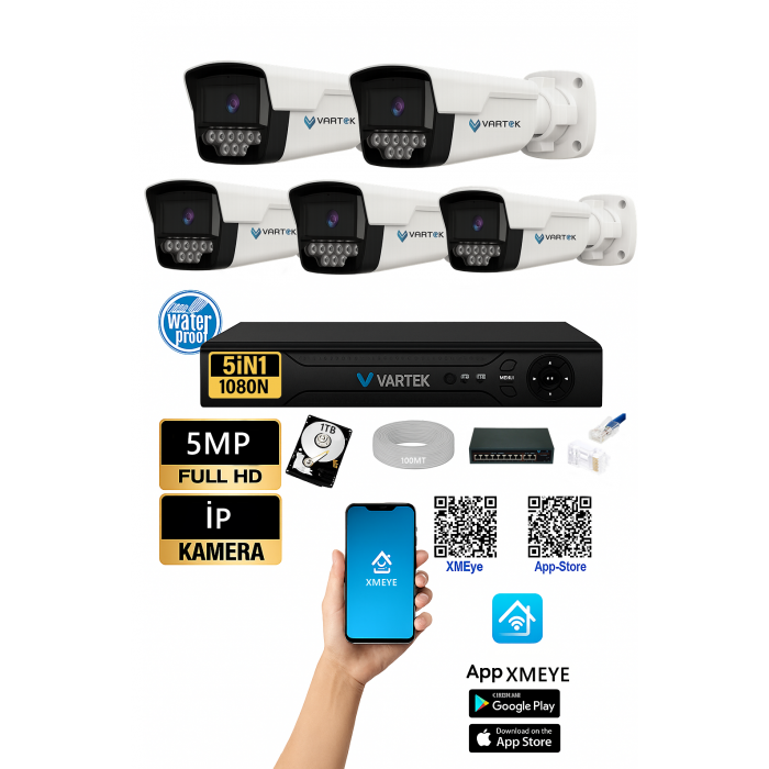 5 Kameralı IP Güvenlik Seti – 1000GB – 4+2 PoE – WarmLED – 1080P