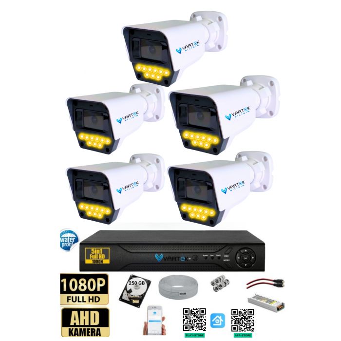5 Kameralı Set - 250 GB HDD, 9 LED Gece Görüşlü Full HD Güvenlik Kamerası Sistemi