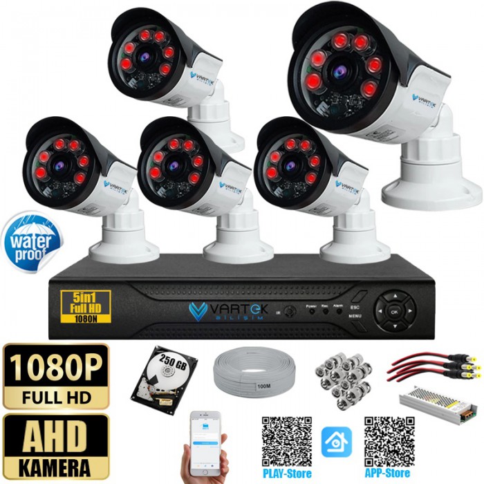 5 Kameralı Set 250 Gb Hdd Full Hd Gece Görüşlü Güvenlik Kamerası Sistemi-Sabit İp Gerektirmez-