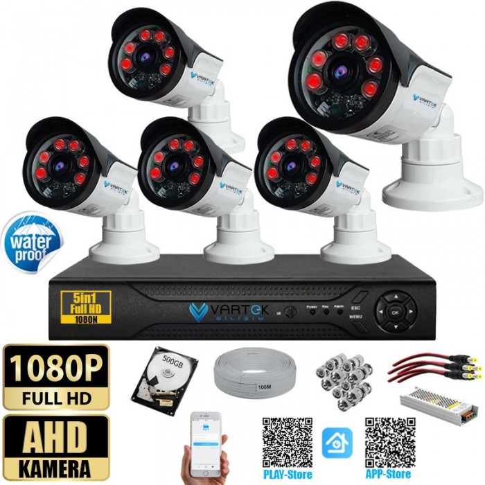 5 Kameralı Set 500 Gb Hdd Full Hd Gece Görüşlü Güvenlik Kamerası Sistemi-Sabit İp Gerektirmez-