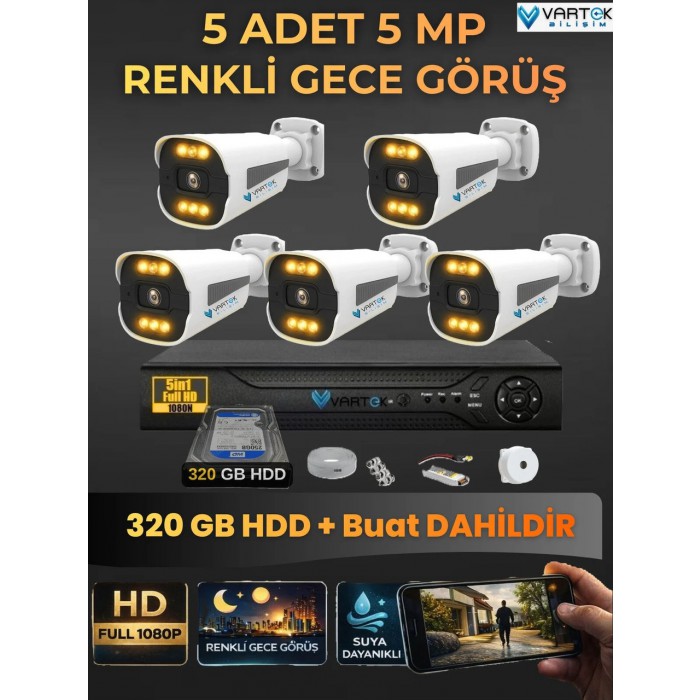 5 Kameralı Zebra Kasa Gece Renkli 320GB HDD 5MP Ahd Güvenlik Kamerası seti
