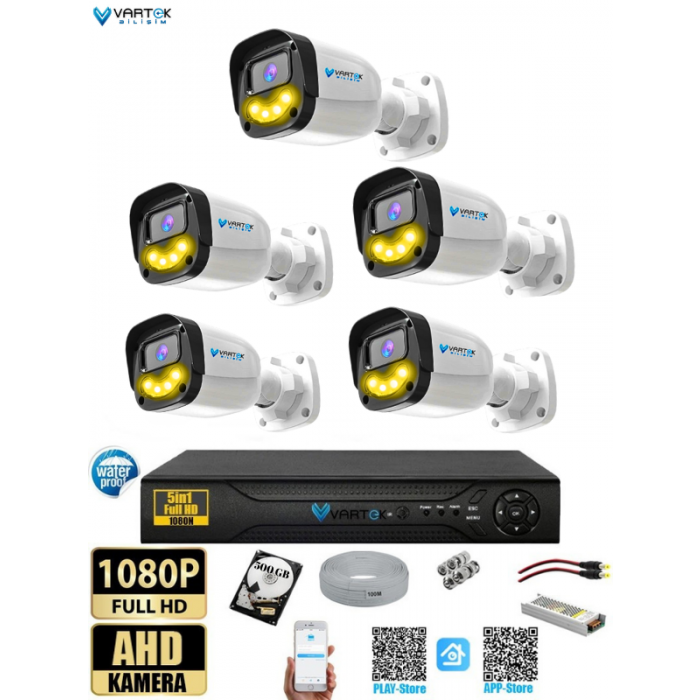 5`li 5MP Full HD 1080P Atom ledli 500gb HDD Güvenlik Kamera Seti Gece Renkli Tak Çalıştır İp gerektirmez