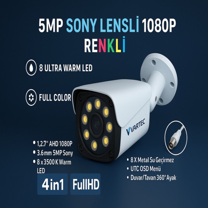 5MP Warm LED Renkli Görüşlü Güvenlik Kamerası – Metal Kasa